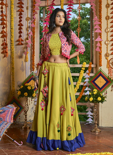 Jacket Style Muslin Cotton Green Navratri Lehenga Choli